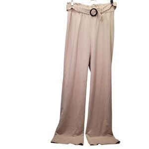 Women's High Waist Belted Paperbag  Wide Leg Business Dress Pants Apricot Medium